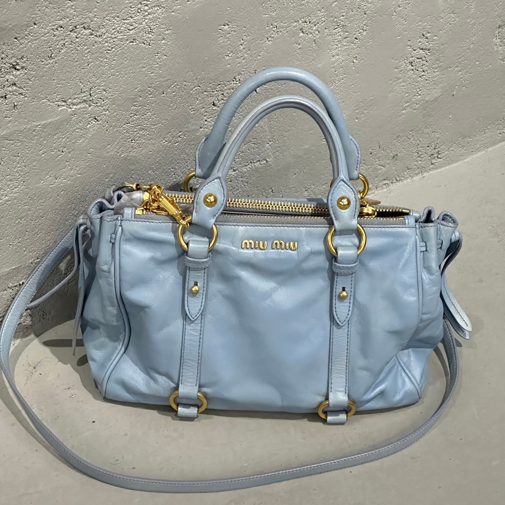 Miu Miu Vitello Shine 2Way Satchel in Sky Blue with Gold Accents